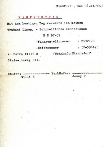 Kaufvertrag Trabant, Sammlung DDR Museum Berlin