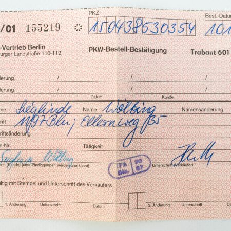 PKW Bestellbestätigung Trabant 601 L 1987, Sammlung DDR Museum Berlin
