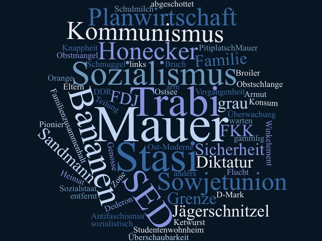 Wortwolke aus den von Nachwendekindern genannten Begriffen zur DDR