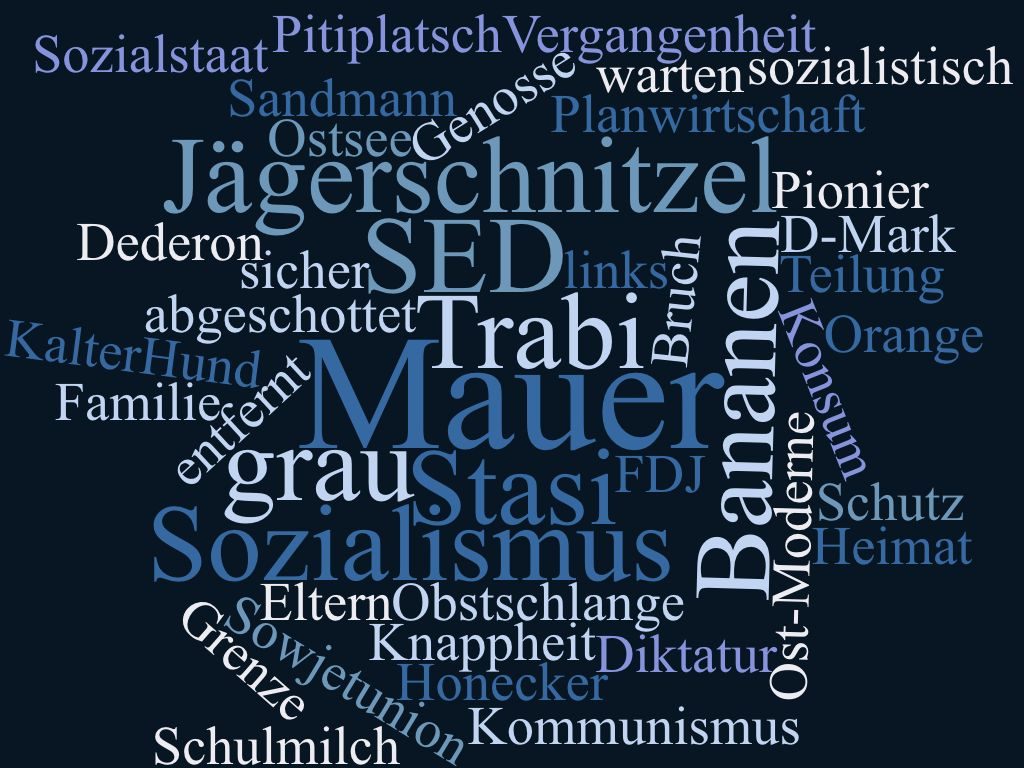 Wortwolke aus den von in einem neuen Bundesland aufgewachsenen Nachwendekindern genannten Begriffen zur DDR